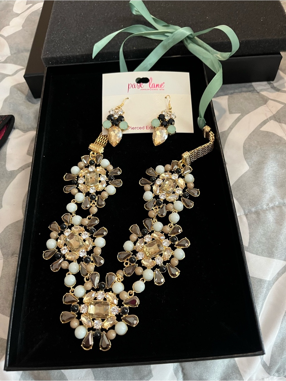 Park Lane Gold Crystal Statement Necklace & Earring Set - White and Champagne